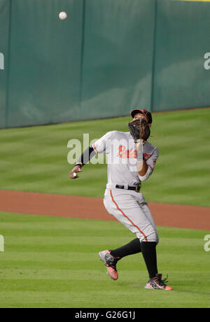 Houston, TX, USA. 25 mai, 2016. Baltimore Orioles champ centre Adam Jones (10) fait une jouer au centre du terrain au cours de la Ligue Majeure de Baseball le match entre les Orioles de Baltimore et les Astros de Houston au Minute Maid Park de Houston, TX. Tim Warner/CSM/Alamy Live News Banque D'Images
