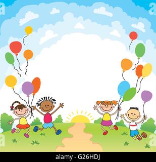 Les enfants sont à l'arrière-plan d'été ob bunner funny cartoon character vector illustration. Illustration de Vecteur