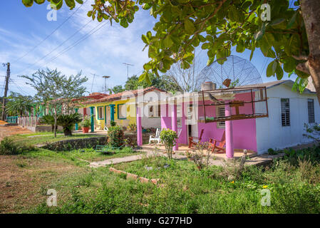 Cage à oiseaux et maisons colorées à Vinales, Cuba Banque D'Images