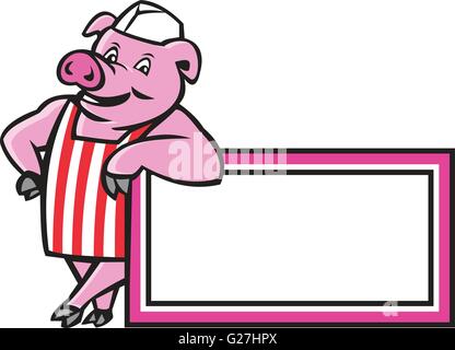 Illustration d'un boucher pig standing appuyée sur un rectangle signer face à l'avant fixé sur un fond blanc fait dans un style de dessin animé. Illustration de Vecteur