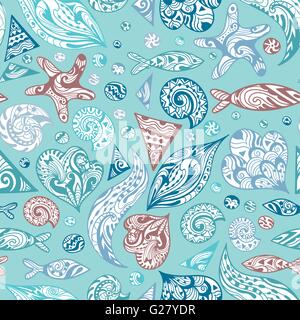Seamless texture d'ornement avec les vagues de style doodle croquis, poissons, coquillages sur fond bleu turquoise pour papier peint, dessins de tissu Illustration de Vecteur