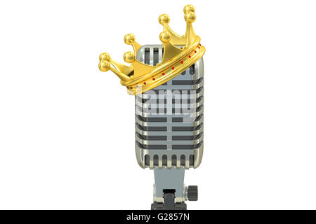 Microphone avec couronne d'or, 3D Rendering isolé sur fond blanc Banque D'Images