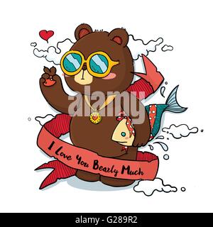 Vector Illustration of Cute Bear tenant un poisson comme cadeau Personnage avec je t'aime beaucoup Bearly pour ruban de carte de souhaits Illustration de Vecteur