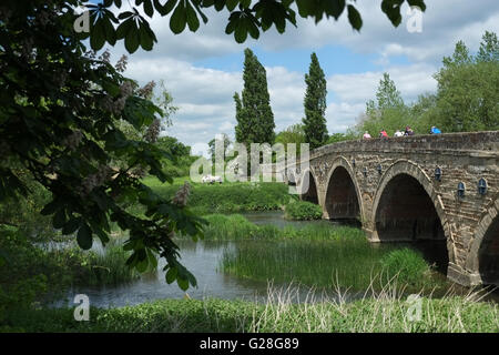 Cyclists riding sur le vieux pont sur la rivière Avon à Barford, Warwickshire, Angleterre, Royaume-Uni. Banque D'Images