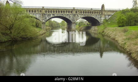 Vue aérienne, ancien ride, la construction d'un pont, de l'eau pont sur la lèvre, canal désaffecté, Lippeauen flux flux Lippe, conservation, Banque D'Images