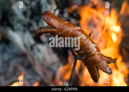 Des saucisses sur un bâton au-dessus du feu. La préparation de saucisses sur feu de camp Banque D'Images