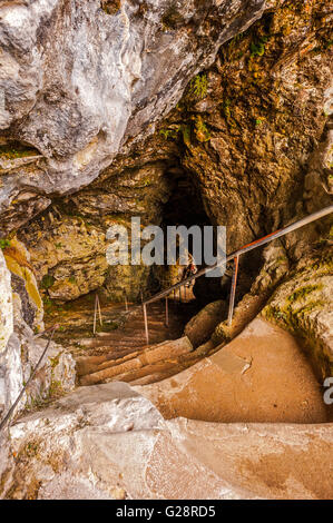 La Slovénie et la côte du château de Predjama Kars -escaliers dans le mur rocheux menant à un point où vous voyez le paysage environnant Banque D'Images
