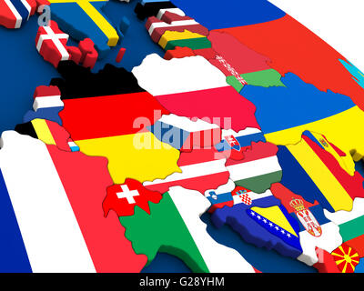 Carte d'Europe centrale sur le globe avec des drapeaux de pays. 3D illustration. Banque D'Images