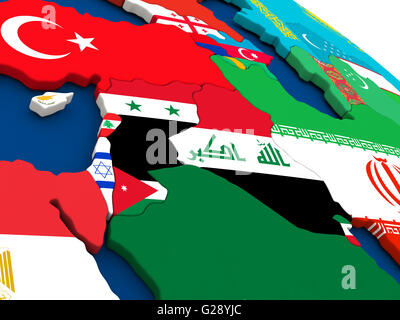 La carte d'Israël, le Liban, la Jordanie, la Syrie et l'Iraq région sur globe avec des drapeaux de pays. 3D illustration. Banque D'Images