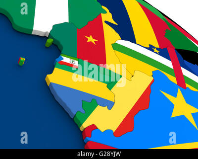 Carte du Cameroun, du Gabon et du Congo sur un globe avec des drapeaux de pays. 3D illustration. Banque D'Images