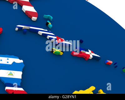 Carte de Cuba, la Jamaïque, Haïti et la République dominicaine sur le globe avec des drapeaux de pays. 3D illustration. Banque D'Images