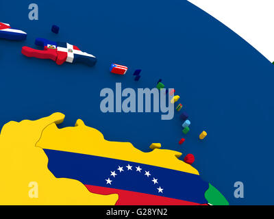 Carte des Caraïbes du sud sur un globe avec des drapeaux de pays. 3D illustration. Banque D'Images