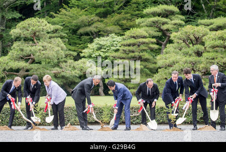 La chancelière allemande, Angela Merkel, planter un arbre dans le jardin de l'au sanctuaire d'Ise, le Japon d'Ise-Shima, 26 mai 2016. La photo montre Gouverneur de la Préfecture Mie, Eikei Suzuki (l-r), le président de l'UNION EUROPÉENNE, Donald Tusk, premier ministre de l'Italie Matteo Renzi, la chancelière allemande Angela Merkel, le président des États-Unis Barack Obama, le Premier ministre Shinzo Abe, Frances Président François Hollande, Grand Britains Premier ministre David Cameron, premier ministre du Canada, Justin Trudeau, ainsi que président de la Commission européenne, Jean-Claude Juncker. PHOTO : MICHAEL KAPPELER/dpa Banque D'Images