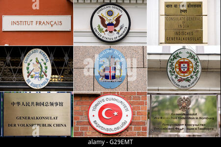 Hambourg, Allemagne. 25 mai, 2016. Le combo COMBO - photo montre les signes des représentations consulaires des pays France (ci-dessus à gauche à droite ci-dessous), les États-Unis d'Amérique, Inde, Guatemala, Islande, le Portugal, la Chine, la Turquie et la Russie à Hambourg, Allemagne, 25 mai 2016. Photo : Daniel Bockwoldt/dpa/Alamy Live News Banque D'Images