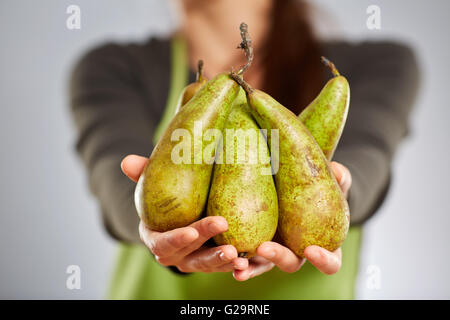 Mains d'une femme cook holding a bunch of pears Banque D'Images