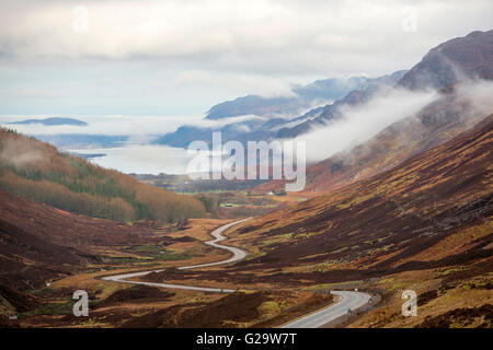 Matin brouillard dans la vallée de Glen Docherty, entre Kinlochewe et Loch Maree en Wester Ross, Ecosse UK Banque D'Images