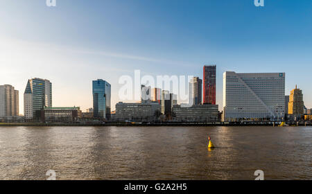 Wilhelminapier à Rotterdam avec bureaux, gratte-ciels, pont Erasmus et Hotel New York. Banque D'Images