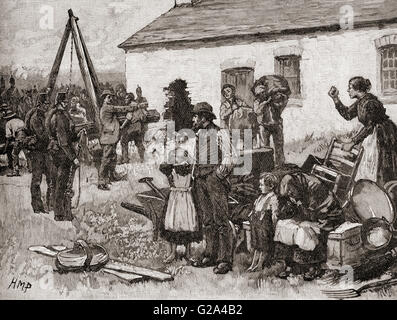 Une famille irlandaise est expulsé de leur maison en raison du non paiement du loyer, l'Irlande, 1870. Banque D'Images