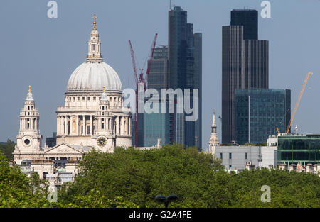 Vue de la Cathédrale St Paul avec une végétation luxuriante au premier plan et la ville de Londres y compris le Gherkin et tour 42 Banque D'Images