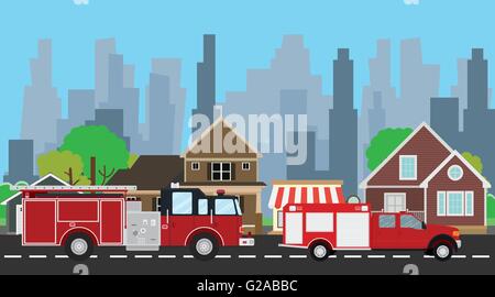 Camion de pompiers sur la voie avec city home comme arrière-plan Illustration de Vecteur