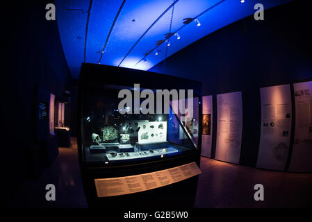 ATHÈNES, Grèce — L’un des points forts du Musée archéologique national d’Athènes, en Grèce, le mécanisme d’Antikythère dispose désormais de sa propre galerie d’exposition, dans laquelle tous ses fragments sont exposés. On pense qu'il date d'environ 100 av. J.-C. à 205 av. J.-C., il a été trouvé parmi une grande cache de statues, pièces de monnaie et autres artefacts sur une épave de navire coulé découverte en 1900 par des plongeurs en éponge au large de la côte grecque d'Antikythère. Il a été gravement endommagé après une si longue période dans l'eau salée, mais des recherches approfondies au cours des dernières décennies ont abouti à un consensus sur le fait qu'il s'agit d'une sorte de Banque D'Images