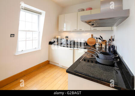 Inverness Terrace. La cuisine propre contemporain, avec du parquet. Cuisinière à induction avec armoires blanc et noir granit. Des murs en pente. Banque D'Images