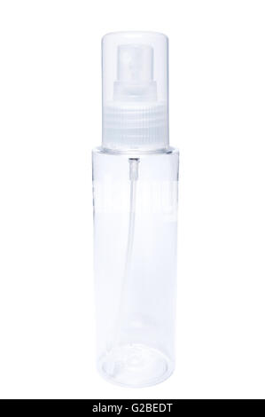 Un tube de plastique transparent contenant avec la pompe du pulvérisateur isolé sur fond blanc Banque D'Images