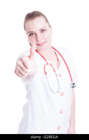 Attractive young woman showing Thumbs up que l'approbation ou l'accord sign concept Banque D'Images