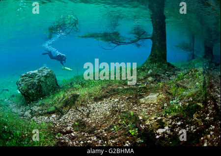 Scuba Diver avec un scooter, Gruener Voir ou le lac Vert, Tragoess, Styrie, Autriche Banque D'Images