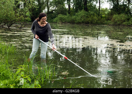 Les biologistes prend un échantillon d'eau dans un étang envahi. Banque D'Images