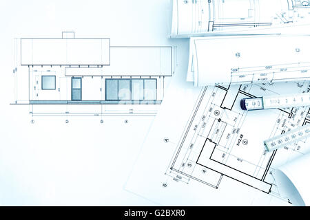 Les plans d'accueil et du plan directeur de rouleaux d'une règle de pliage, les architectes des champs Banque D'Images