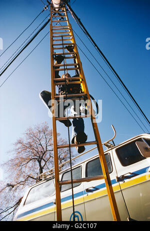 L'utilitaire mâle worker climbing ladder pour accéder aux fils électriques aériens & communication Banque D'Images