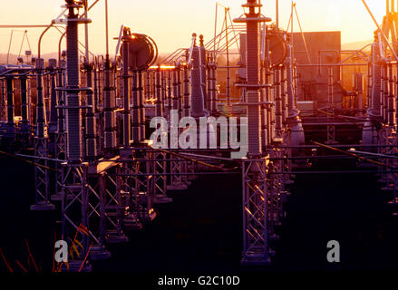 Transmission électrique au coucher du soleil, la cour centrale nucléaire de Limerick, Limerick, New York, USA Banque D'Images