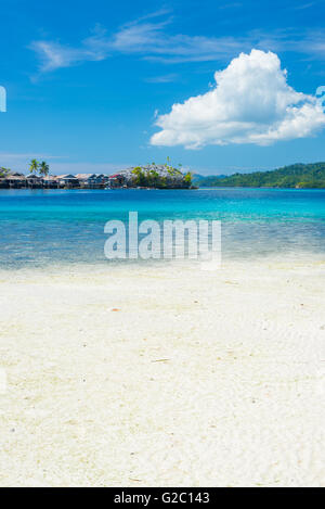 Plage de sable blanc, eau transparente turquoise et végétation luxuriante jungle dans la télécommande (Togian ou îles Togian), Sulawesi, Indones Banque D'Images