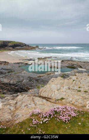 Grande piscine de roche turquoise et l'autre à Constantine Bay, sur la côte nord des Cornouailles Padstow. Banque D'Images