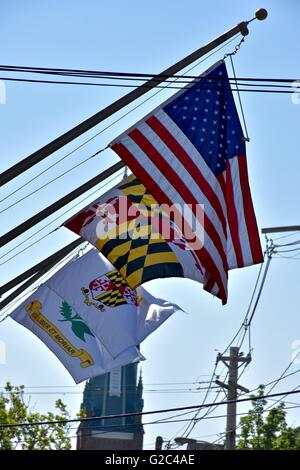 Drapeaux alignés en face d'un bâtiment à Annapolis Banque D'Images