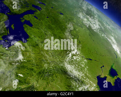 L'Europe de l'est avec la région environnante comme vu de l'orbite de la Terre dans l'espace. Illustration 3D très détaillées avec planète réaliste Banque D'Images