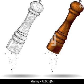 Poivrière en bois italien, sel, moulin à poivre, moulin à épices. Outil d'assaisonnement. L'équipement de cuisine. Vector illustration isolé Illustration de Vecteur
