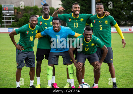 L'équipe de football du Cameroun. Eric Maxim Choupo-Moting(13), Eyong Enoh (18), Adolphe Teikeu (5), Mohamed Djetei (3) Henri Bedimo (12) Banque D'Images