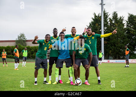 L'équipe de football du Cameroun. Eric Maxim Choupo-Moting(13), Eyong Enoh (18), Adolphe Teikeu (5), Mohamed Djetei (3) Henri Bedimo (12) Banque D'Images