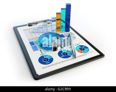 Tableau financier entreprise graphique sur presse-papiers isolé sur blanc. Comptabilité, fiscalité rapport financier concept. Illustraion 3d Banque D'Images