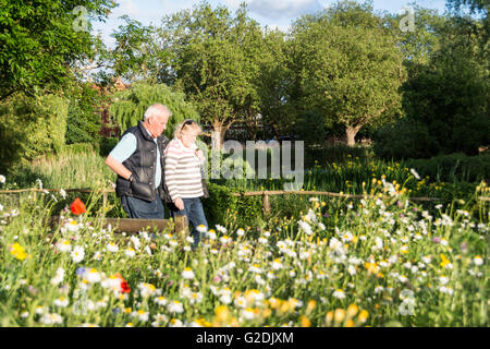 Un couple de personnes âgées appréciant le paysage à Barnes Pond dans le sud-ouest de Londres - une idylle urbaine de fleurs sauvages à Londres, Royaume-Uni Banque D'Images