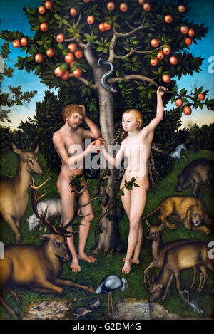 Adam et Eve de Lucas Cranach l'Ancien, huile sur panneau, 1526. Banque D'Images