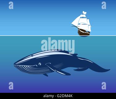 Bateau à voile et énorme baleine en profonde Illustration de Vecteur