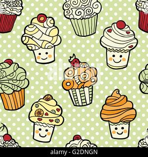 Modèle sans couture avec cute smiling cupcakes sur fond pointillé vert. Illustration de Vecteur