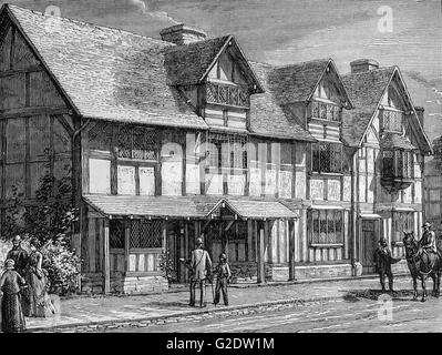 Vue du 19e siècle de William Shakespeare's Birthplace, un bâtiment restauré du xvie siècle maison à colombages située dans Henley Street, Stratford-upon-Avon, Warwickshire, en Angleterre, où il est dit que Shakespeare est né en 1564 et a passé son enfance. Banque D'Images