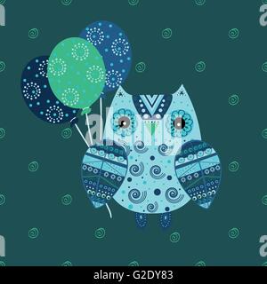 Cute owl avec ornement ethniques ballons anniversaire Illustration de Vecteur