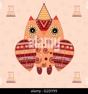 Cute owl avec ornement ethniques anniversaire Illustration de Vecteur