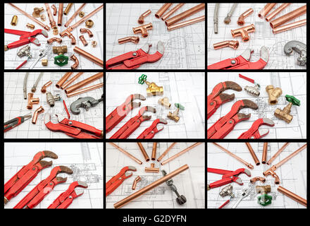 Outils de plomberie disposées sur des plans de maison, coupe-tube à cliquet et de Pentecôte Banque D'Images