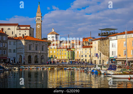 La Slovénie et la côte de la place Tartini Piran Kras - et la cathédrale de St George vu du port Banque D'Images